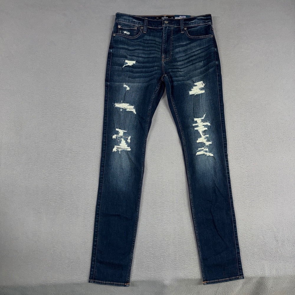 Hollister Jeans Mens 34x32 (Fit 34x36) Dark Blue Stacked Skinny Distressed Denim